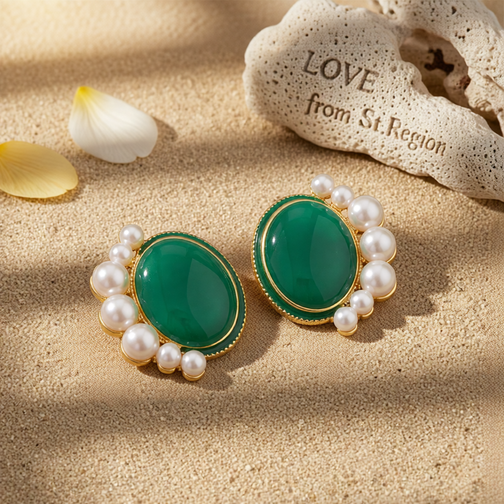 Pearl & Green Enamel 18K Gold-Plated Oval Stud Earrings