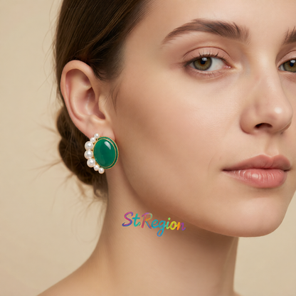 Pearl & Green Enamel 18K Gold-Plated Oval Stud Earrings