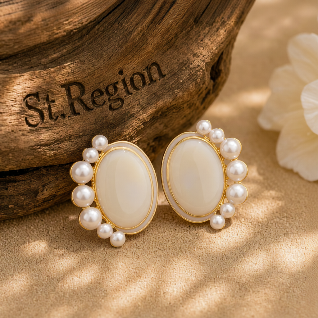 Pearl & Enamel 18K Gold-Plated Oval Stud Earrings