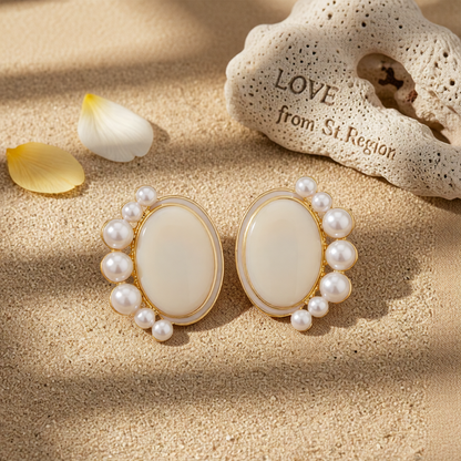 Pearl & Enamel 18K Gold-Plated Oval Stud Earrings