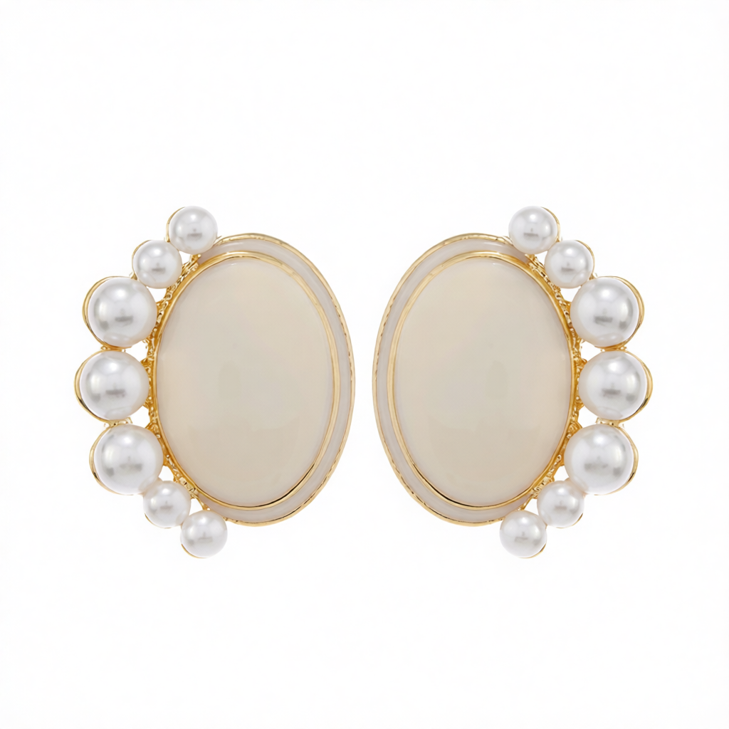Pearl & Enamel 18K Gold-Plated Oval Stud Earrings