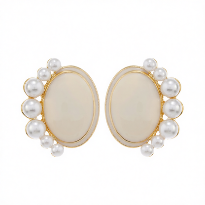 Pearl & Enamel 18K Gold-Plated Oval Stud Earrings