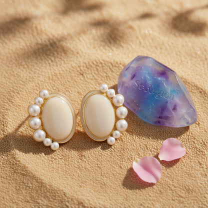 Pearl & Enamel 18K Gold-Plated Oval Stud Earrings