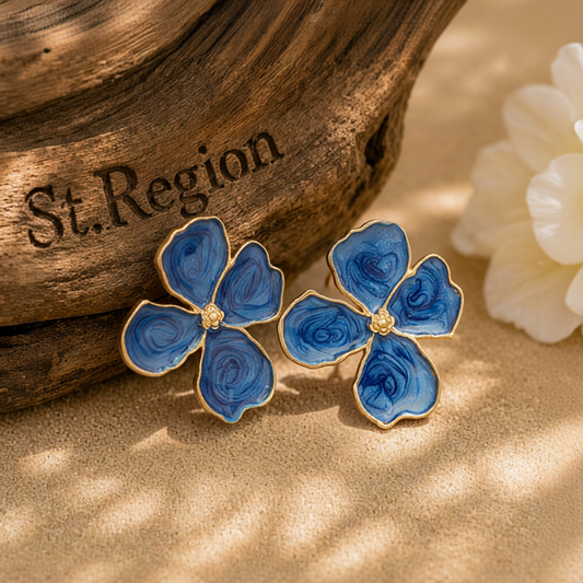 Blue Enamel & 18K Gold-Plated Swirl Flower Stud Earrings