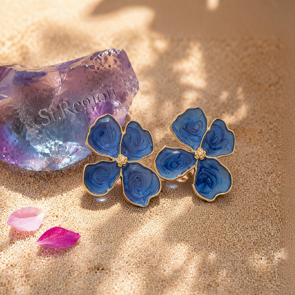 Blue Enamel & 18K Gold-Plated Swirl Flower Stud Earrings