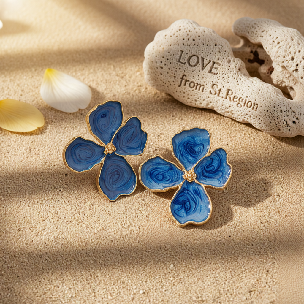 Blue Enamel & 18K Gold-Plated Swirl Flower Stud Earrings
