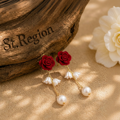 Pearl & Wine Red Nylon 18K Gold-Plated Rose Drop Earrings