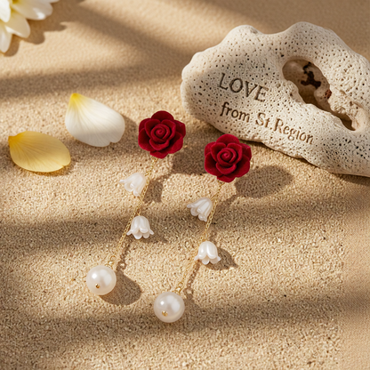 Pearl & Wine Red Nylon 18K Gold-Plated Rose Drop Earrings