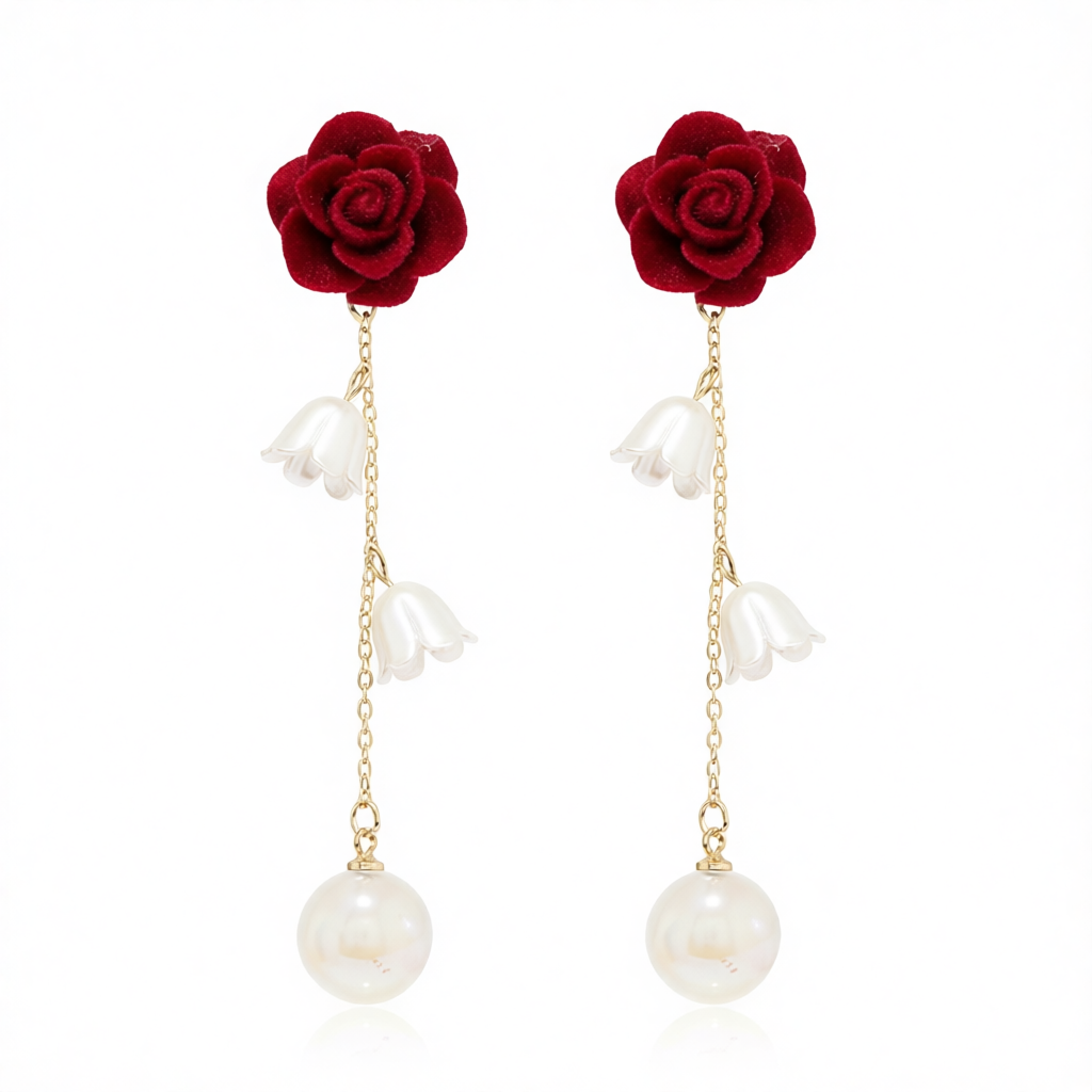 Pearl & Wine Red Nylon 18K Gold-Plated Rose Drop Earrings