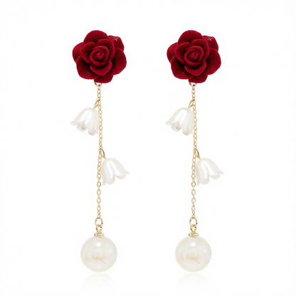 Pearl & Wine Red Nylon 18K Gold-Plated Rose Drop Earrings
