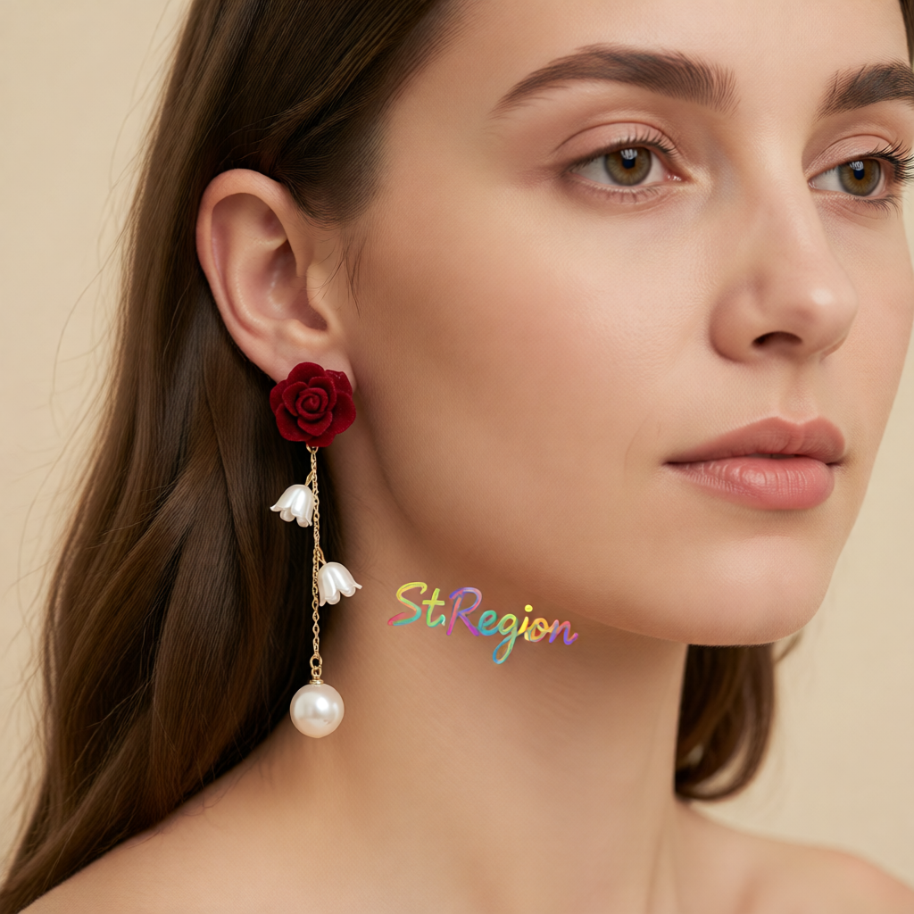 Pearl & Wine Red Nylon 18K Gold-Plated Rose Drop Earrings