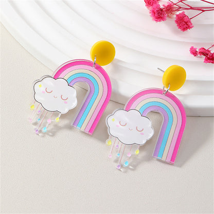 Pink Multicolor Rainbow and Cloud Drop Earrings, drop earrings for women, vintage-inspired design, front view