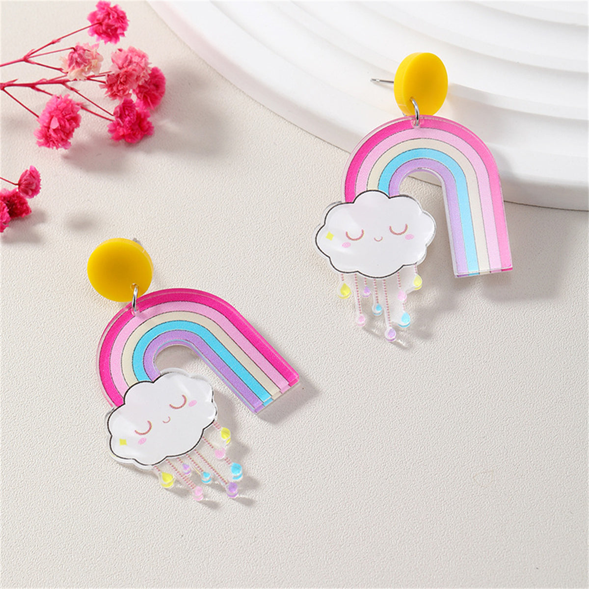 Pink Multicolor Rainbow and Cloud Drop Earrings, drop earrings for women, vintage-inspired design, side view