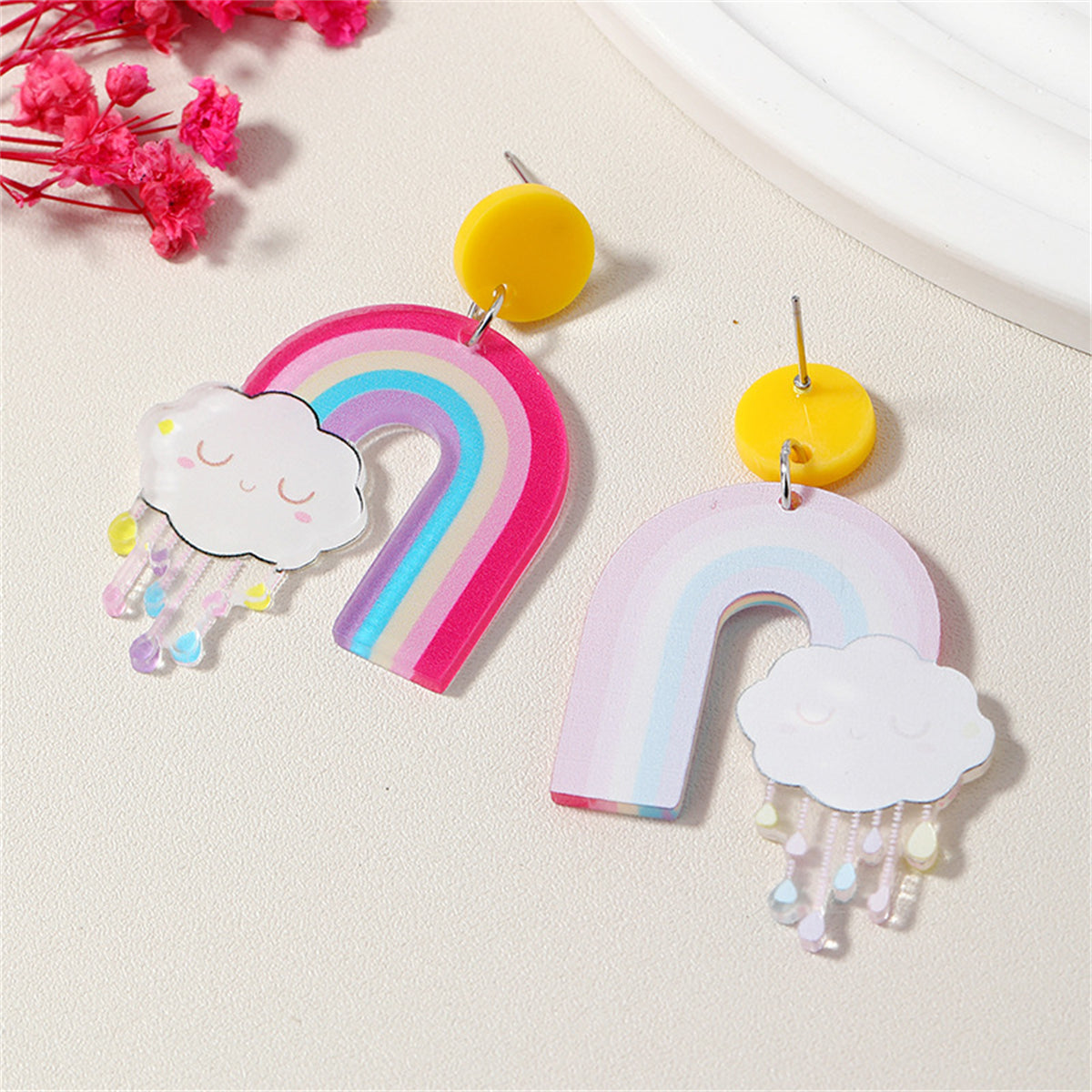 Pink Multicolor Rainbow and Cloud Drop Earrings, drop earrings for women, vintage-inspired design, detail close-up