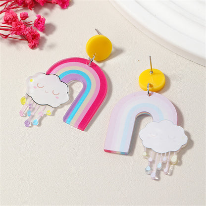 Pink Multicolor Rainbow and Cloud Drop Earrings, drop earrings for women, vintage-inspired design, detail close-up