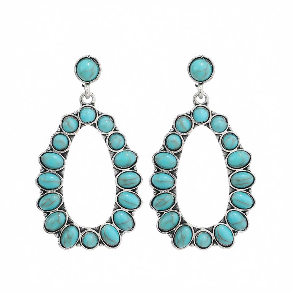 Turquoise & Silver-Plated Open Teardrop Earrings