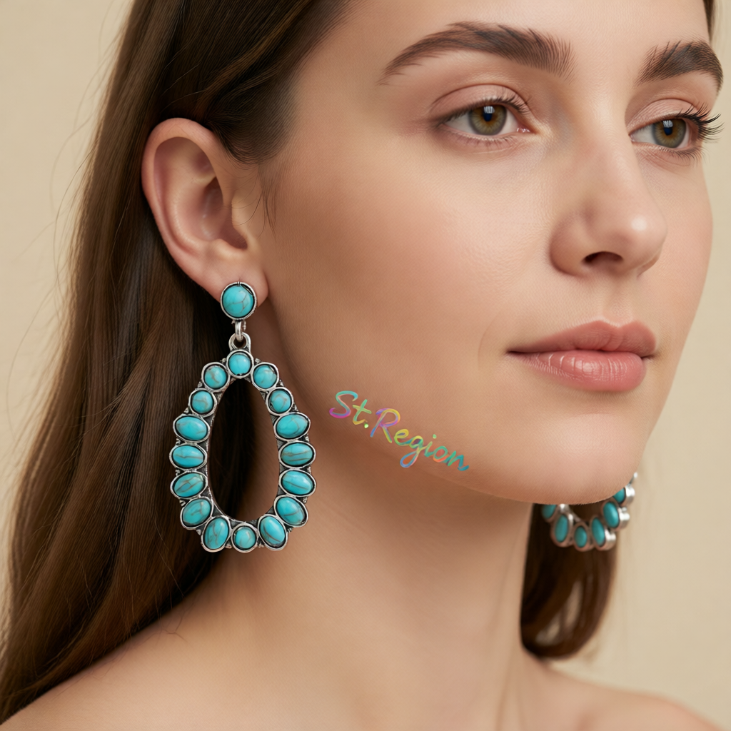 Turquoise & Silver-Plated Open Teardrop Earrings