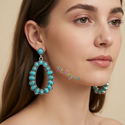Turquoise & Silver-Plated Open Teardrop Earrings
