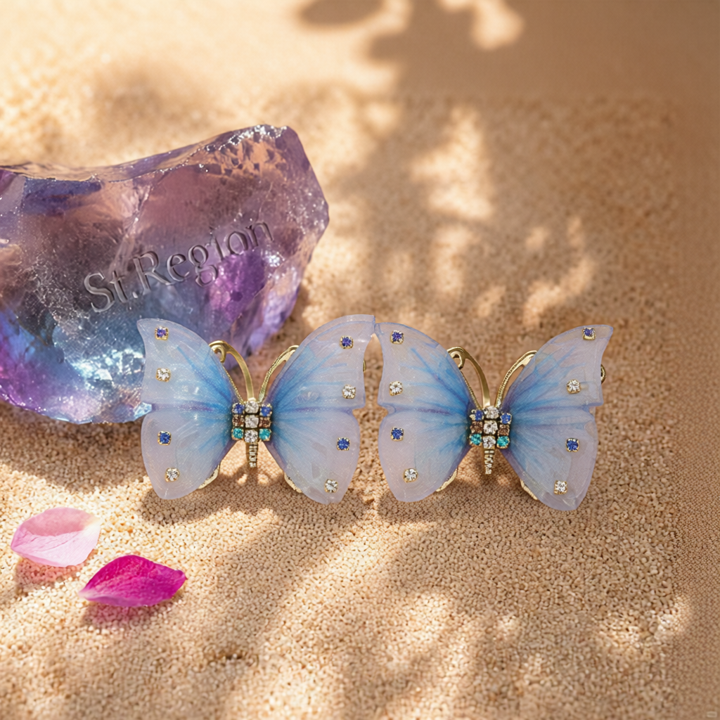 Blue Polyster & Cubic Zirconia 18K Gold-Plated Butterfly Stud Earrings