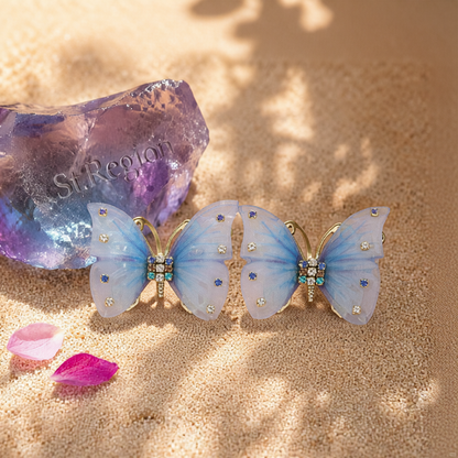 Blue Polyster & Cubic Zirconia 18K Gold-Plated Butterfly Stud Earrings