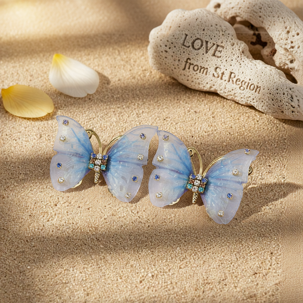 Blue Polyster & Cubic Zirconia 18K Gold-Plated Butterfly Stud Earrings