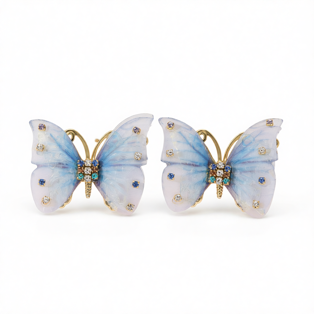 Blue Polyster & Cubic Zirconia 18K Gold-Plated Butterfly Stud Earrings
