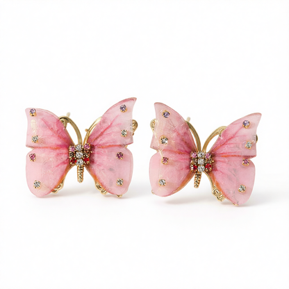 Pink Polyster & Cubic Zirconia Butterfly Stud Earrings