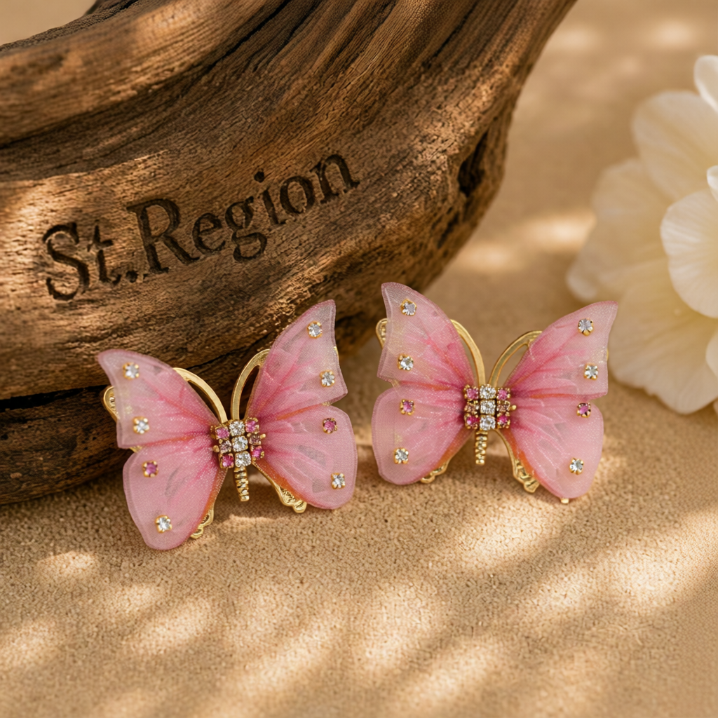 Pink Polyster & Cubic Zirconia Butterfly Stud Earrings
