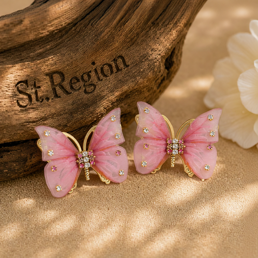 Pink Polyster & Cubic Zirconia Butterfly Stud Earrings