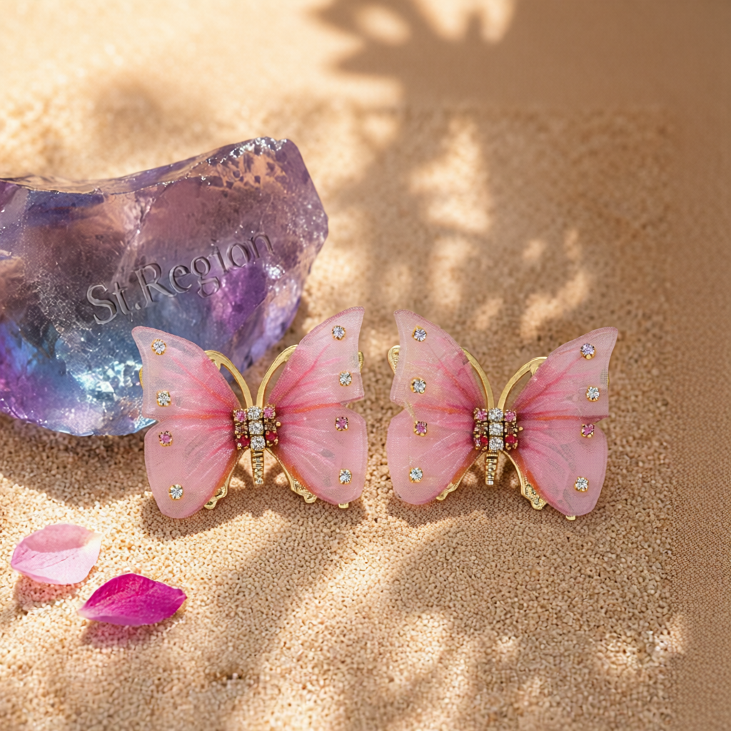 Pink Polyster & Cubic Zirconia Butterfly Stud Earrings