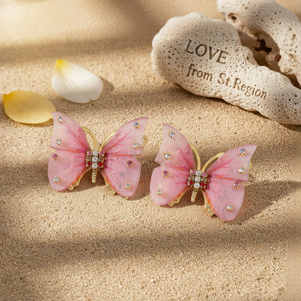 Pink Polyster & Cubic Zirconia Butterfly Stud Earrings