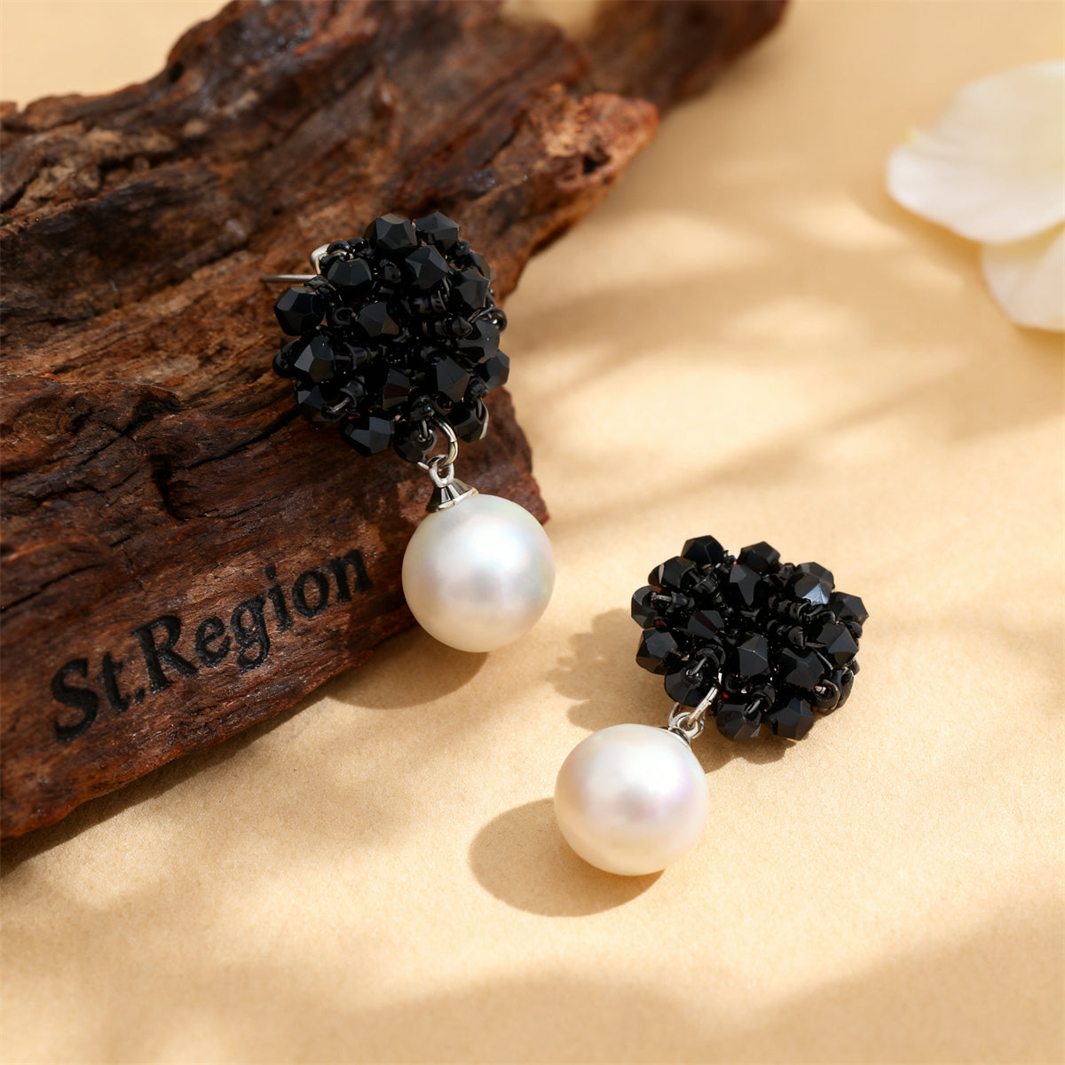 Black Acrylic & Pearl Silver-Plated Bead Cluster Drop Earrings