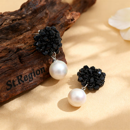 Black Acrylic & Pearl Silver-Plated Bead Cluster Drop Earrings