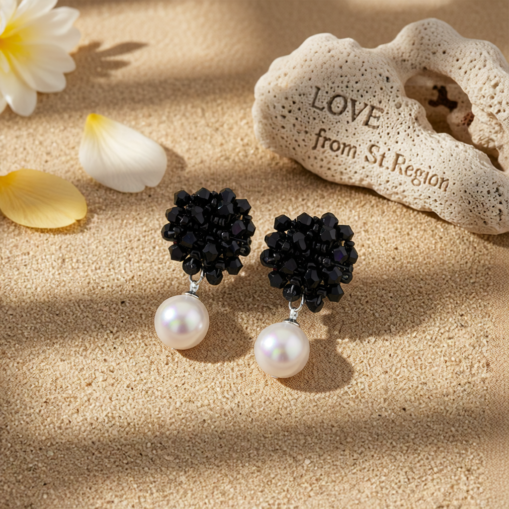Black Acrylic & Pearl Silver-Plated Bead Cluster Drop Earrings