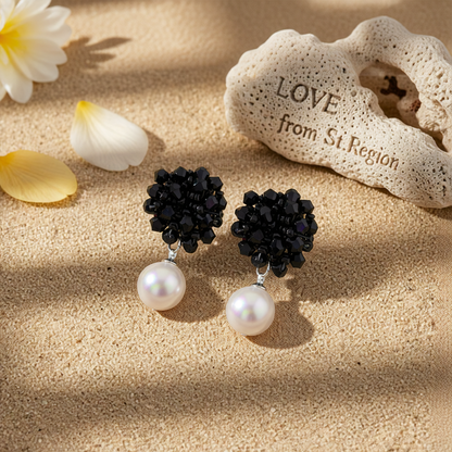 Black Acrylic & Pearl Silver-Plated Bead Cluster Drop Earrings