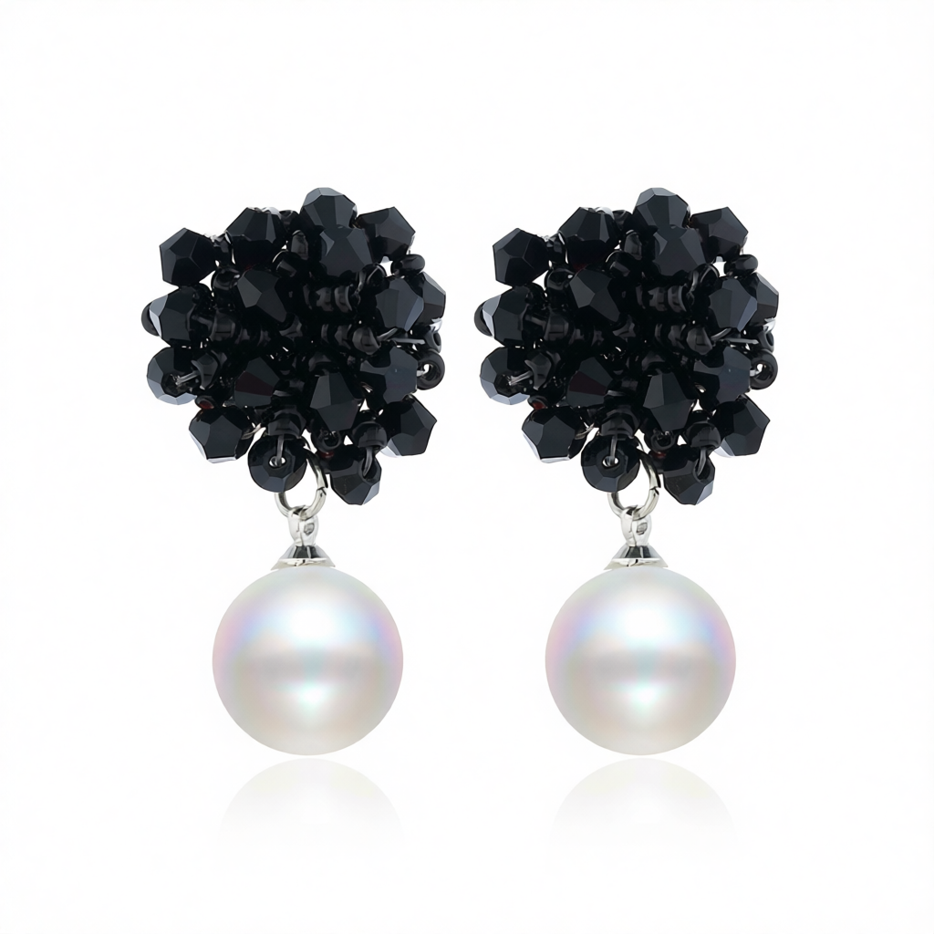Black Acrylic & Pearl Silver-Plated Bead Cluster Drop Earrings