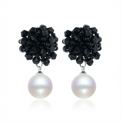 Black Acrylic & Pearl Silver-Plated Bead Cluster Drop Earrings