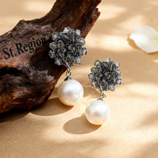 Gray Acrylic & Pearl Silver-Plated Bead Cluster Drop Earrings