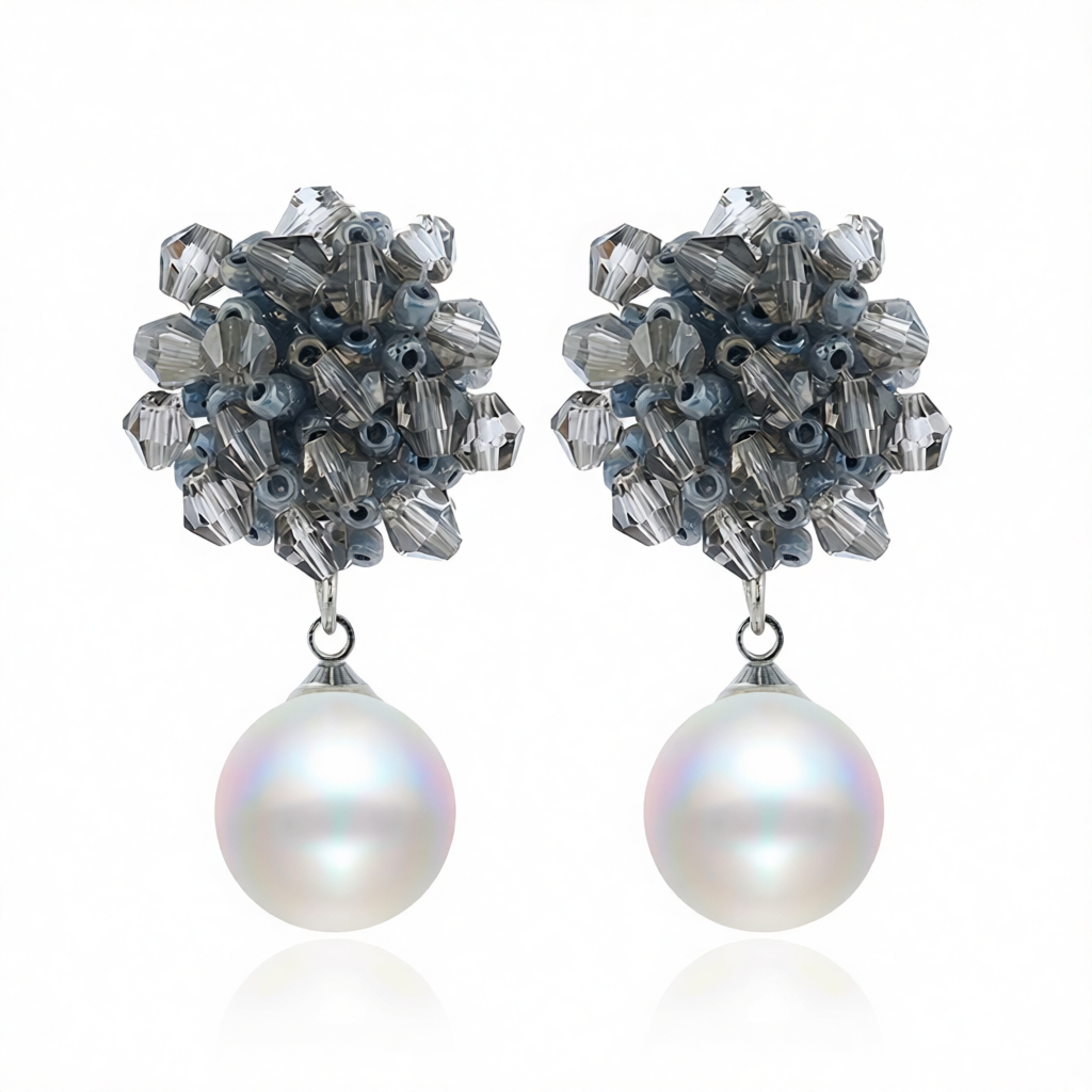 Gray Acrylic & Pearl Silver-Plated Bead Cluster Drop Earrings