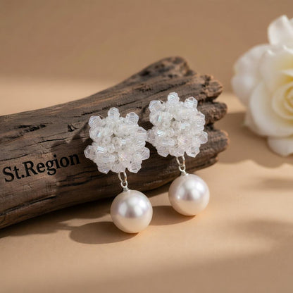 White Acrylic and Pearl Silver-Plated Bead Cluster Drop Earrings, silver drop earrings for women, everyday style, front view