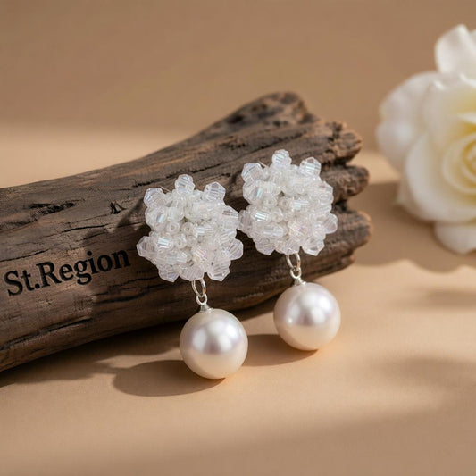White Acrylic and Pearl Silver-Plated Bead Cluster Drop Earrings, silver drop earrings for women, everyday style, front view