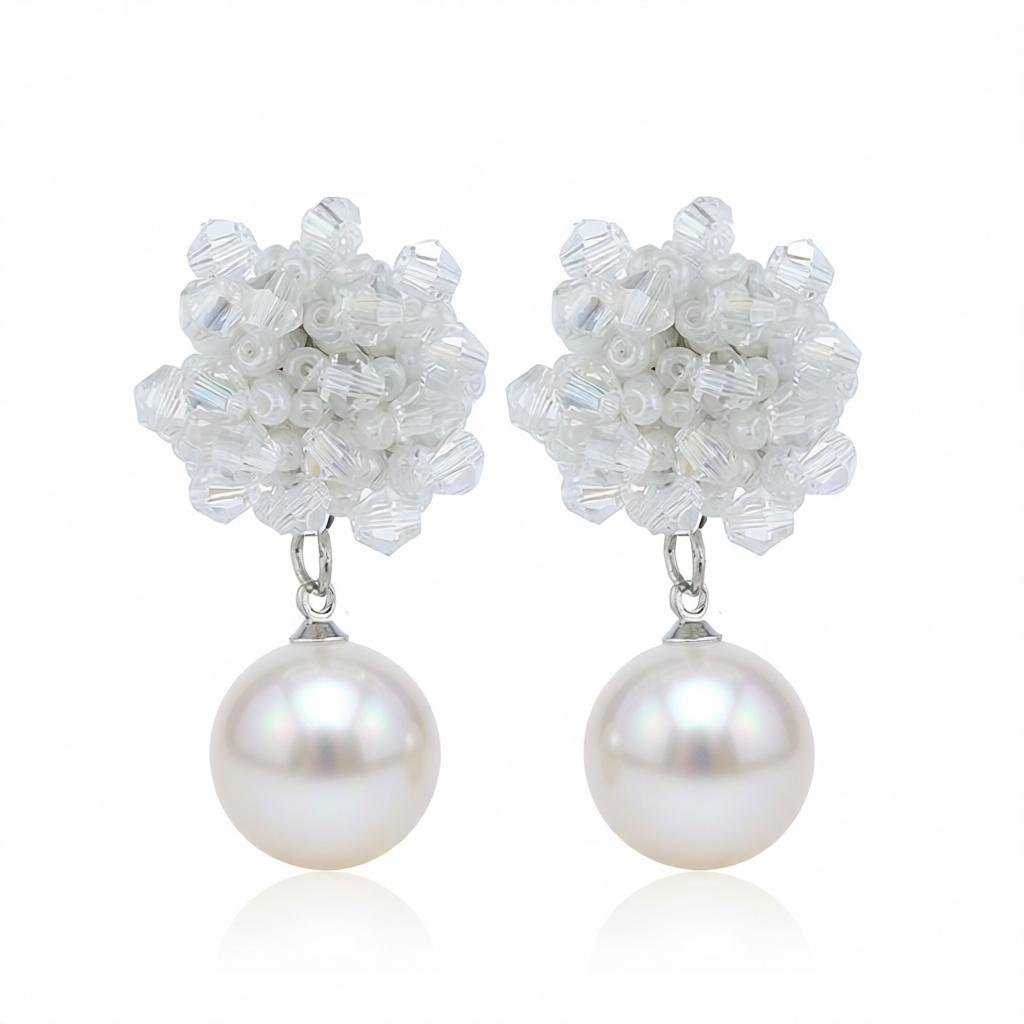 White Acrylic and Pearl Silver-Plated Bead Cluster Drop Earrings, silver drop earrings for women, everyday style, side view