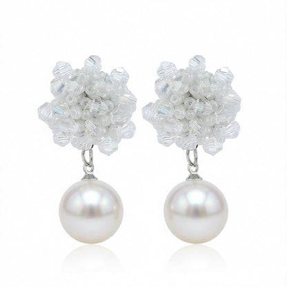 White Acrylic and Pearl Silver-Plated Bead Cluster Drop Earrings, silver drop earrings for women, everyday style, side view