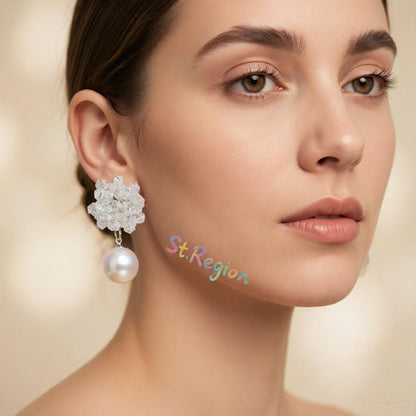 White Acrylic and Pearl Silver-Plated Bead Cluster Drop Earrings, silver drop earrings for women, everyday style, styled look