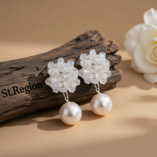 White Acrylic & Pearl Silver-Plated Bead Cluster Drop Earrings