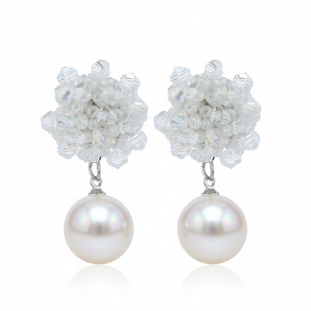 White Acrylic & Pearl Silver-Plated Bead Cluster Drop Earrings