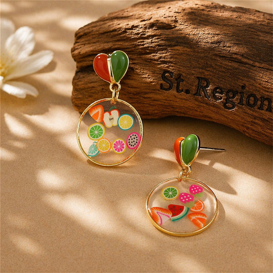 Red Enamel & Resin Heart Fruit Drop Earrings