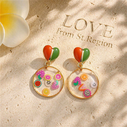 Red Enamel & Resin Heart Fruit Drop Earrings