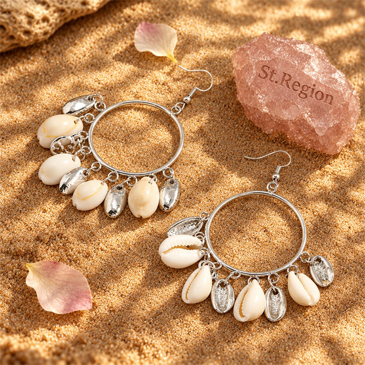 Shell and Silver-Plated Circle Tassel Hoop Earrings, silver drop earrings for women, botanical inspired, detail close-up
