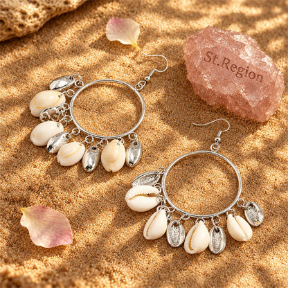 Shell and Silver-Plated Circle Tassel Hoop Earrings, silver drop earrings for women, botanical inspired, detail close-up